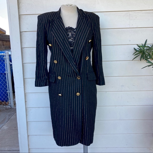 Vintage Dresses & Skirts - Vintage 90s 80s Black Gold Pinstripe Double Breasted Suit Dress Joan Leslie 12